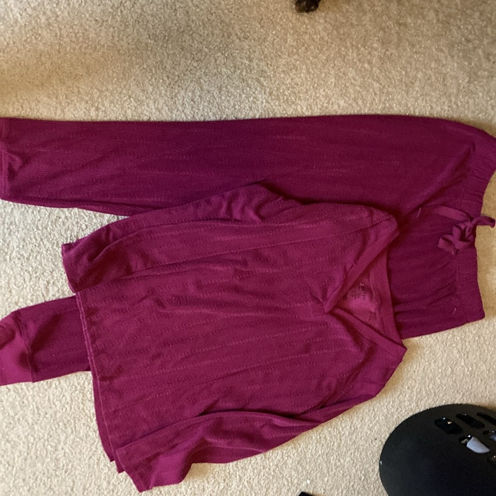 💜Jaclyn NY Lounge Cozy Long Pajama Set - Maroon Berry Red Stripe